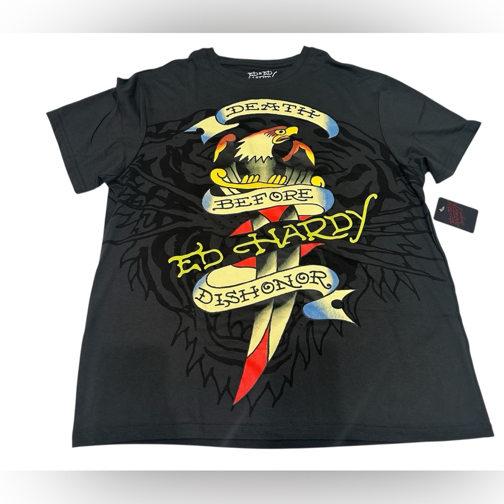 Ed Hardy Men's Short Sleeve T-Shirt Death Before Dishonor‎ Size L Charcoal New